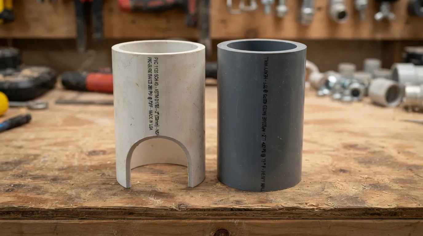 Side-by-side comparison of Schedule 40 and Schedule 80 PVC pipes highlighting the distinct differences in wall thickness, inner diameter, and color.