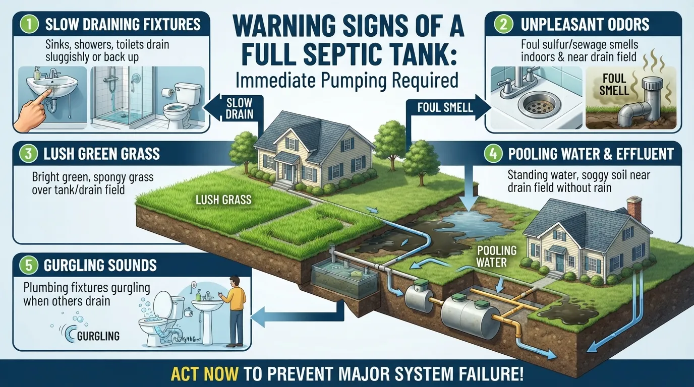 Infographic displaying warning signs a septic tank needs pumping, including slow drains, foul odors in the yard, and lush green grass over the drain field.