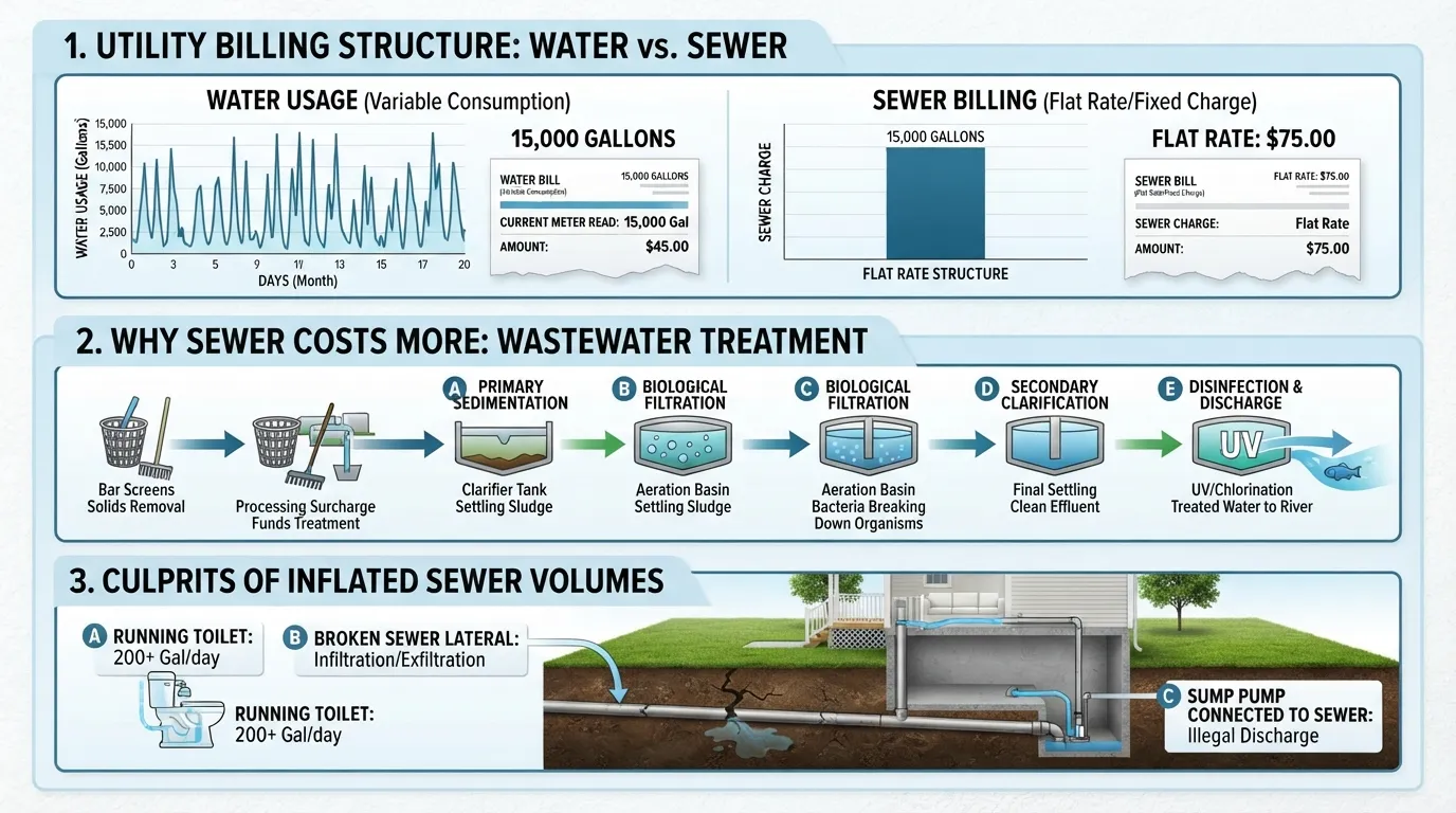 Infographic comparing water and sewer utility bills to explain why sewer charges often cost more than water usage fees.