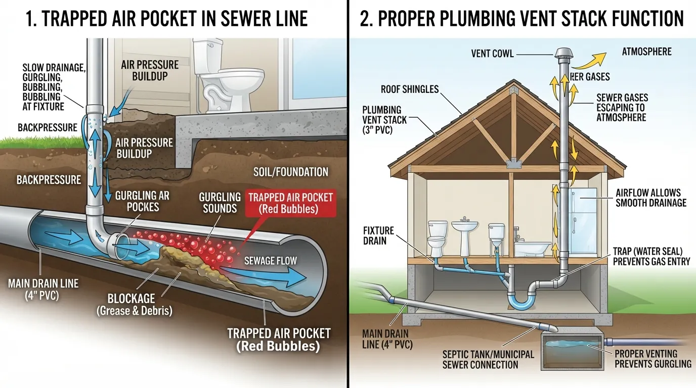 Diagram comparing trapped air pockets in a residential sewer line versus sewer gas venting through a plumbing vent stack on a rooftop.