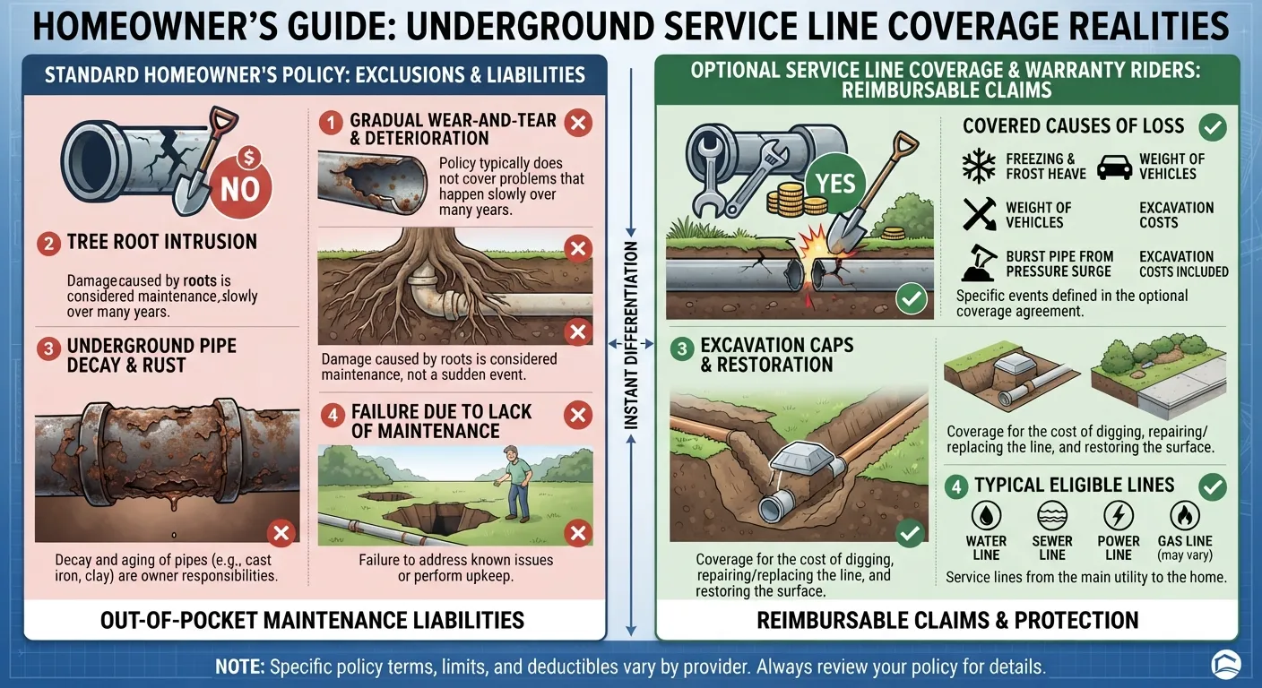 Homeowner reviewing a standard property insurance policy document alongside an invoice for underground sewer line repair coverage.