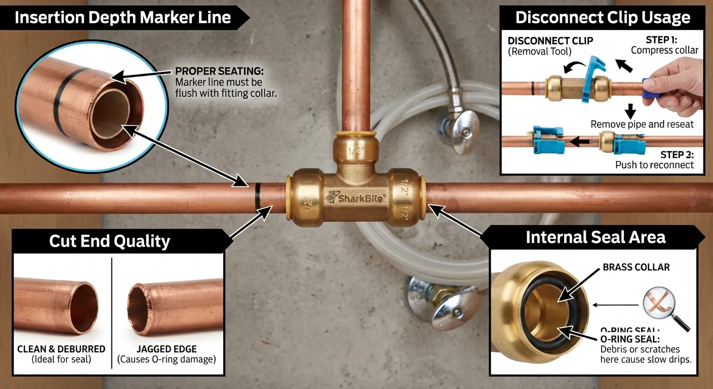 Close-up photo of a leaking SharkBite push-to-connect plumbing fitting on a copper pipe, with water droplets showing common failure points like improper insertion depth or scratched pipe.
