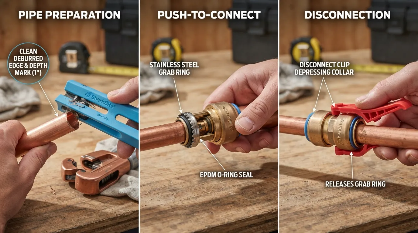 Close-up photo of a plumber’s hands installing, removing with a disconnect clip, and securing a SharkBite push-to-connect brass fitting on a copper water pipe.