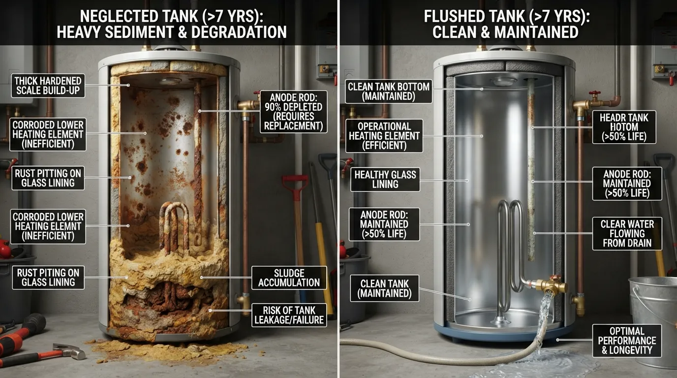 Cross-section diagram of a 7-year-old water heater showing heavy sediment buildup at the bottom tank, comparing flushed versus unflushed internal conditions.