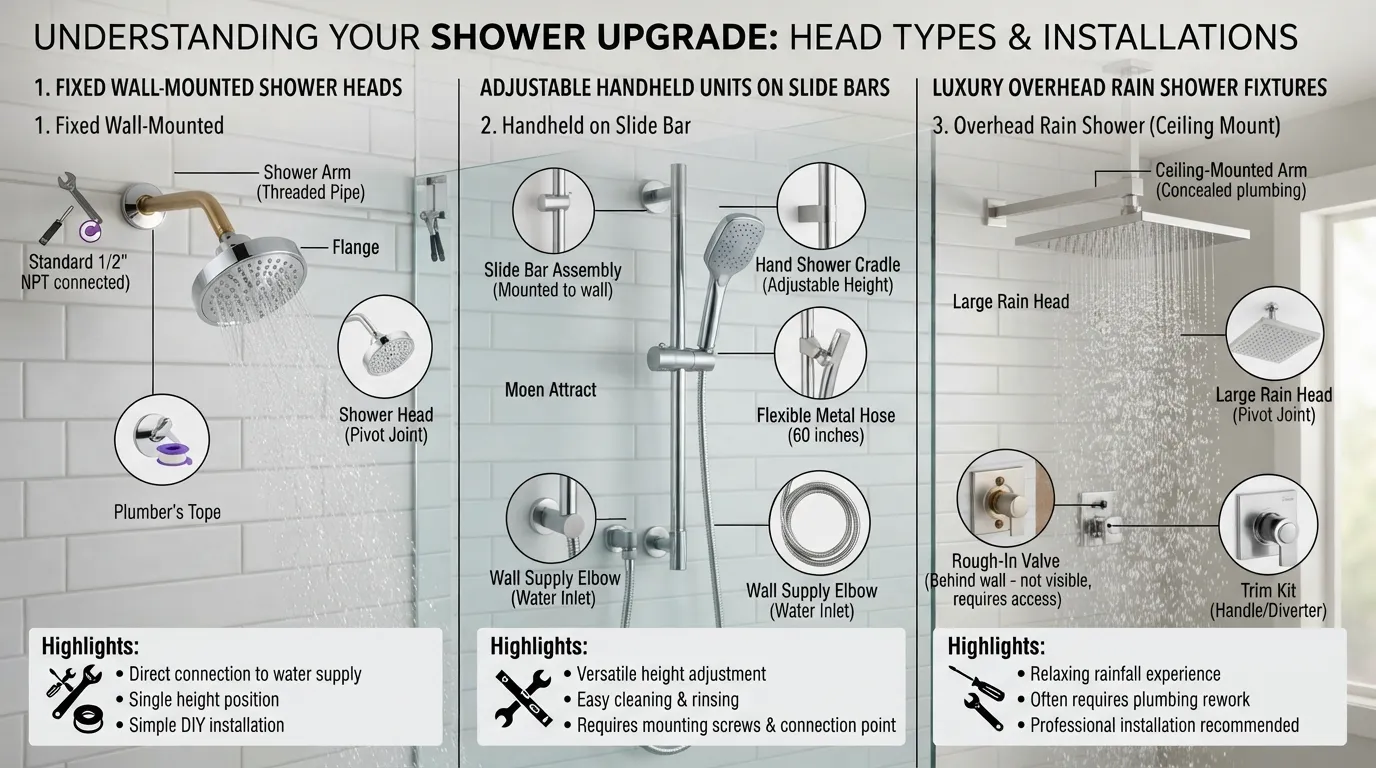 A comparison guide displaying different types of shower heads including fixed wall-mounted, handheld, rain shower, and multi-setting models for bathroom installation.