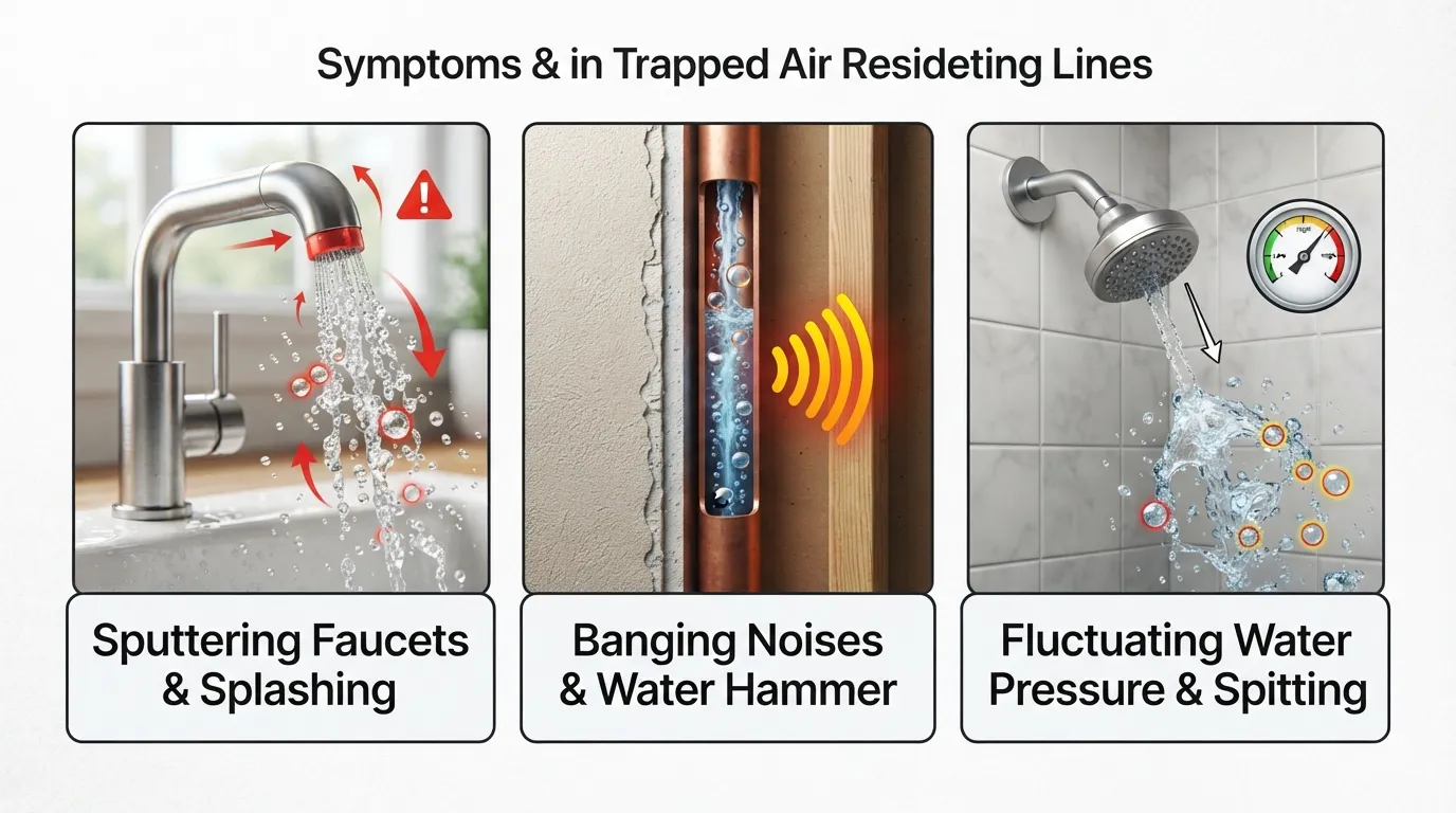 Infographic illustrating common signs of air in water pipes, including sputtering faucets, banging water hammer noises, and fluctuating water pressure.