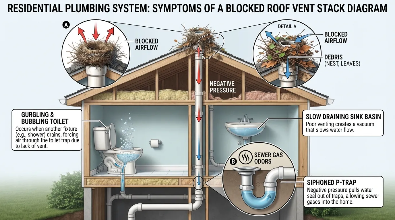 Infographic illustrating the common signs and symptoms of a clogged plumbing vent, including slow drains, gurgling toilets, and sewage odors.