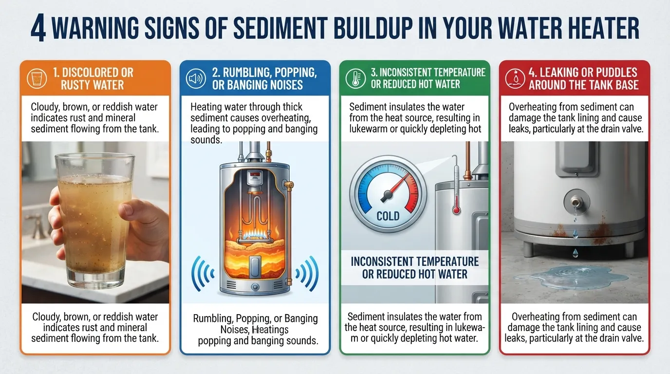 Infographic illustrating the top signs you need to flush your water heater, including discolored water, strange noises, and reduced hot water supply.