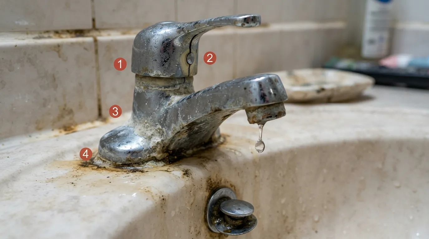 Close-up photo of an old, corroded bathroom sink faucet leaking water and showing mineral buildup around the handles and spout.