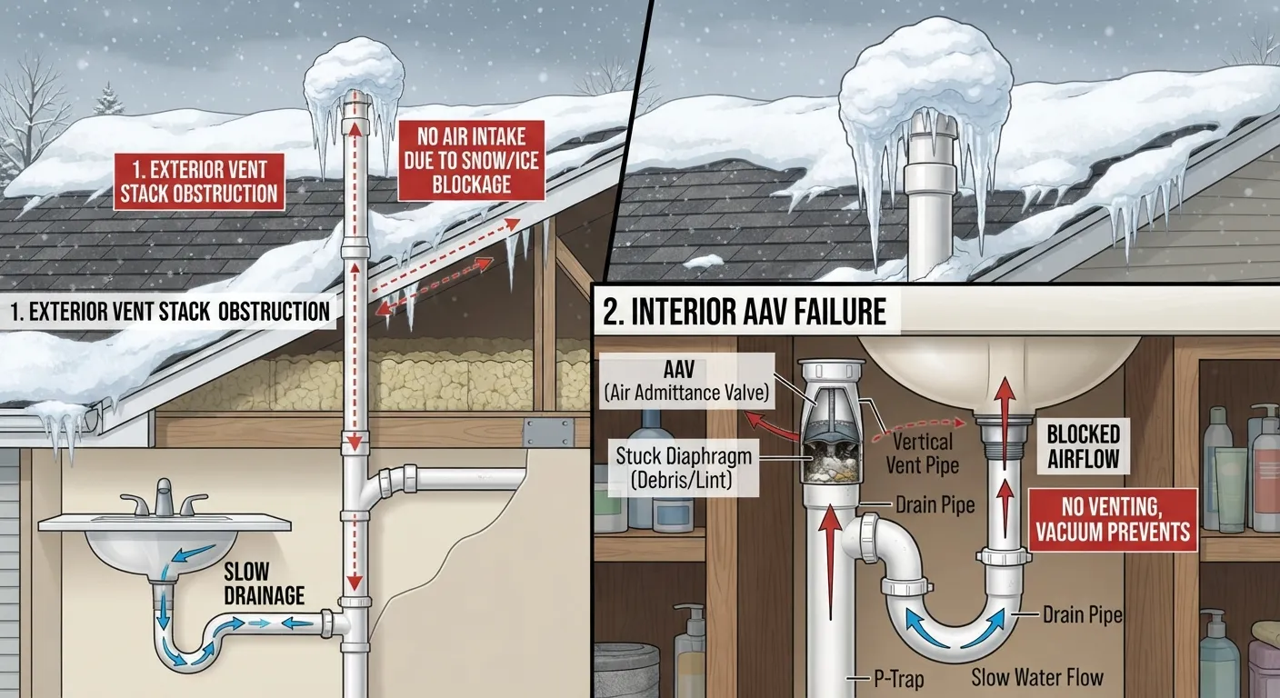 Cross-section diagram illustrating a blocked plumbing vent pipe on a snowy rooftop and a clogged under-sink air admittance valve.
