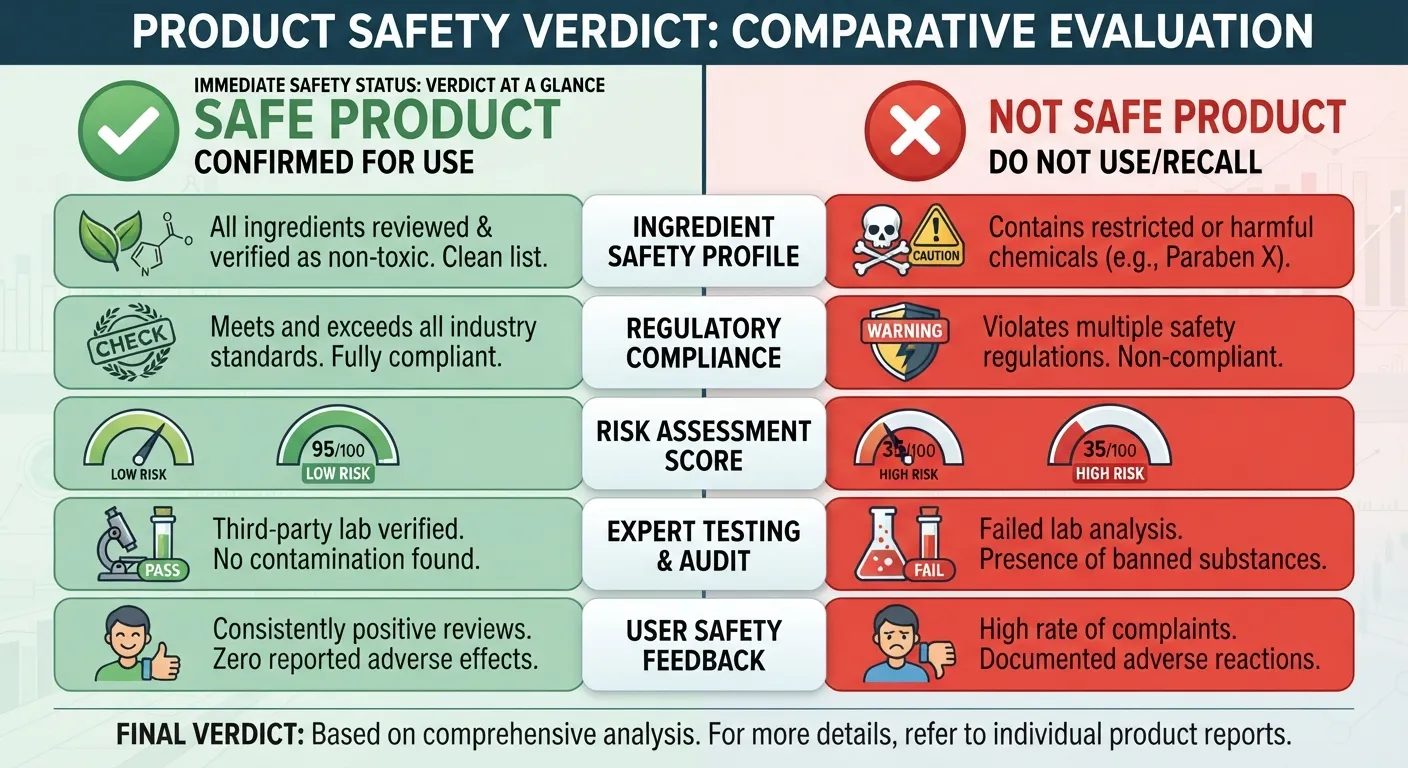 A comprehensive product safety evaluation chart displaying clear verdict labels of safe or unsafe alongside key testing metrics and risk analysis data.