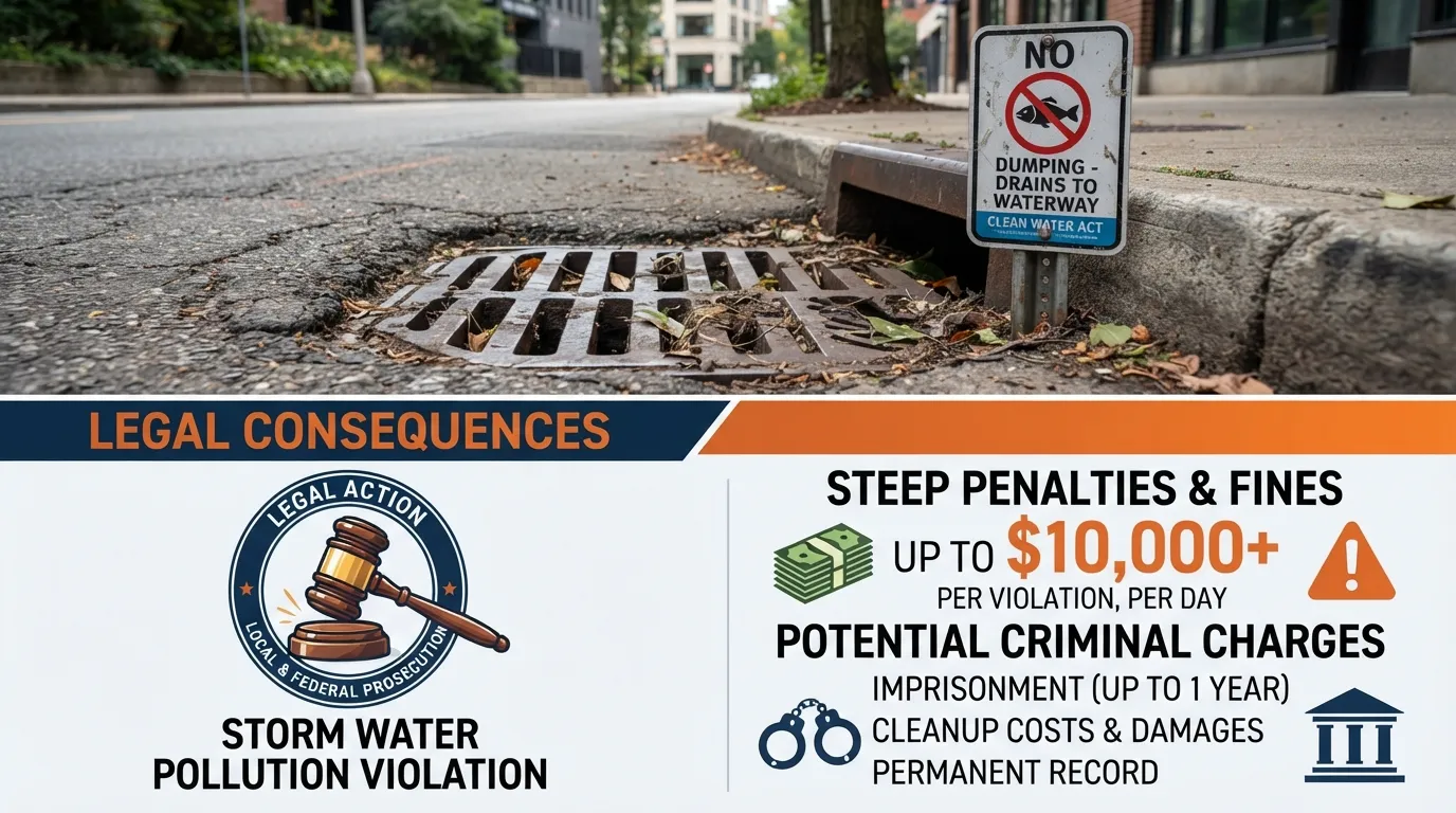 An environmental warning sign near a storm drain illustrating the legal consequences, heavy fines, and water pollution dangers of illegal dumping.