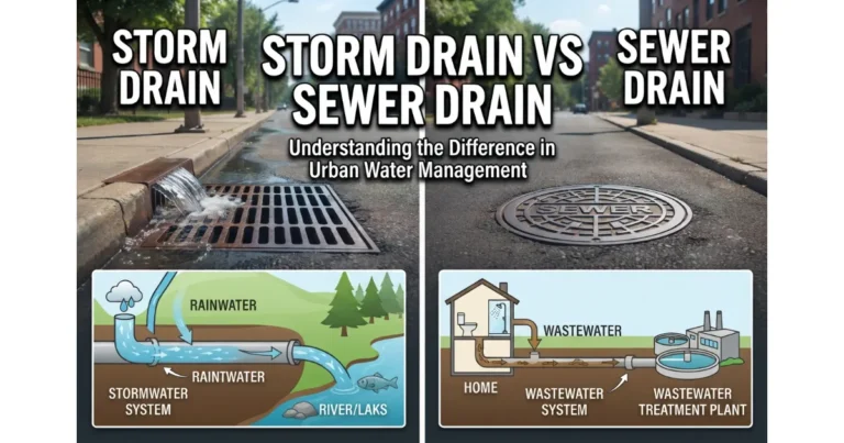 Infographic comparing storm drain and sewer drain systems showing rainwater management and wastewater treatment