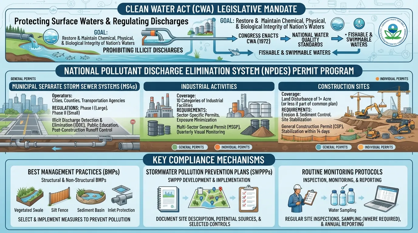 Infographic flowchart explaining Stormwater Regulations under the Clean Water Act and NPDES permit requirements for runoff management.