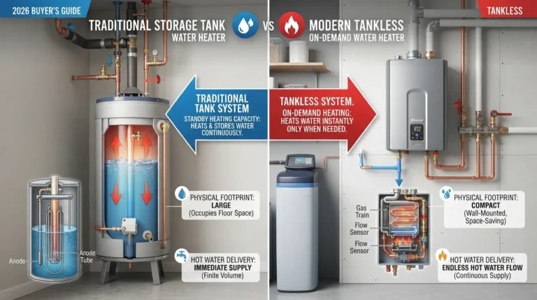 Side-by-side comparison of a traditional storage tank water heater and a compact wall-mounted tankless water heater, illustrating key differences in size and setup.
