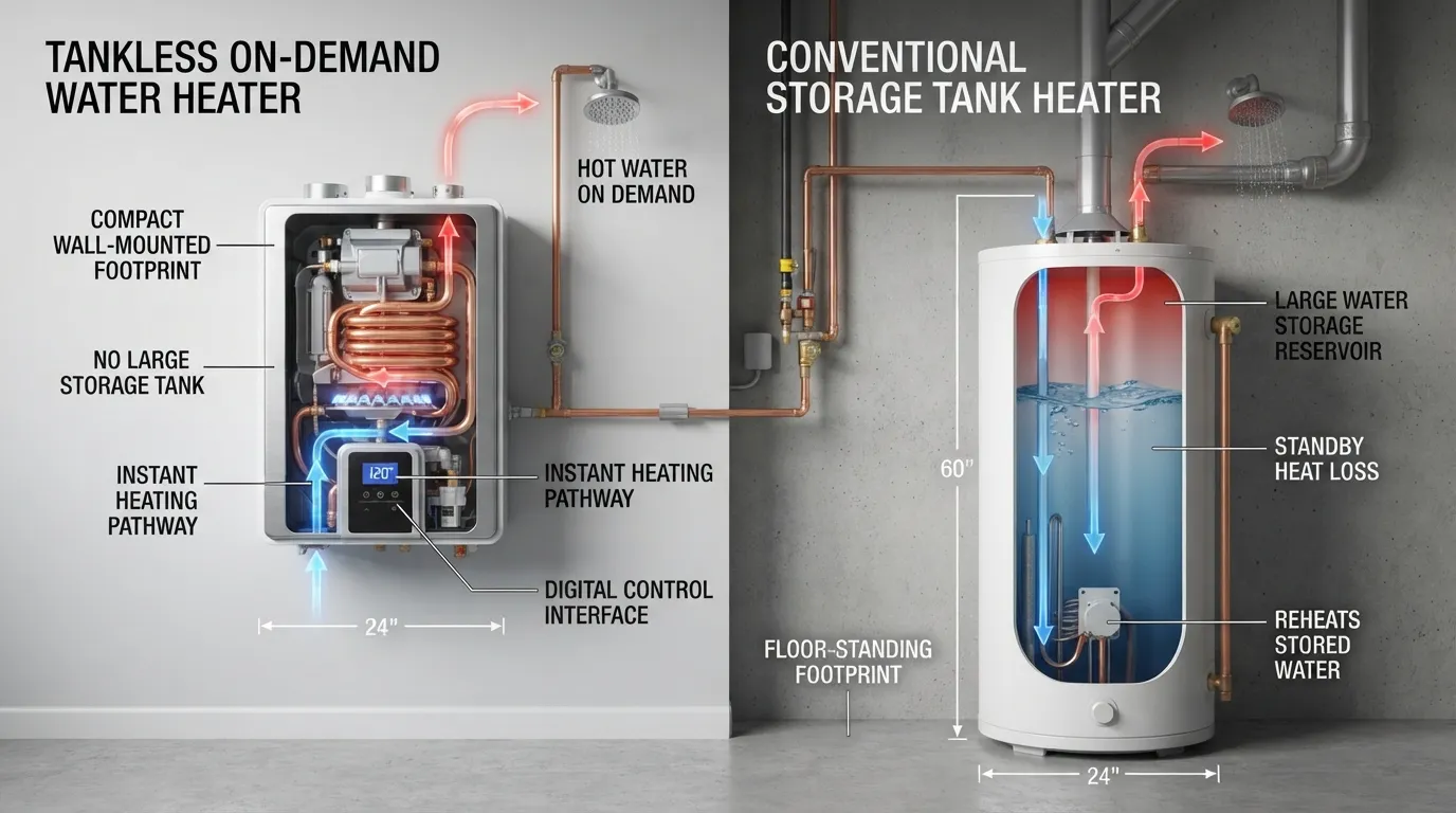 A side-by-side comparison diagram showing a traditional bulky tank water heater next to a compact wall-mounted tankless water heater, highlighting structural and operational differences.