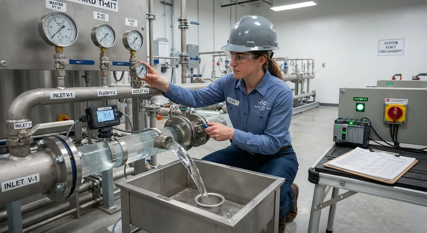 A technician testing a newly installed plumbing system by running water and checking valves during the final setup phase.