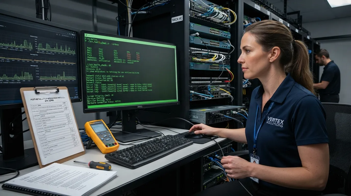 A technician or engineer conducting post-installation system testing on computer hardware or software interface to verify functionality.