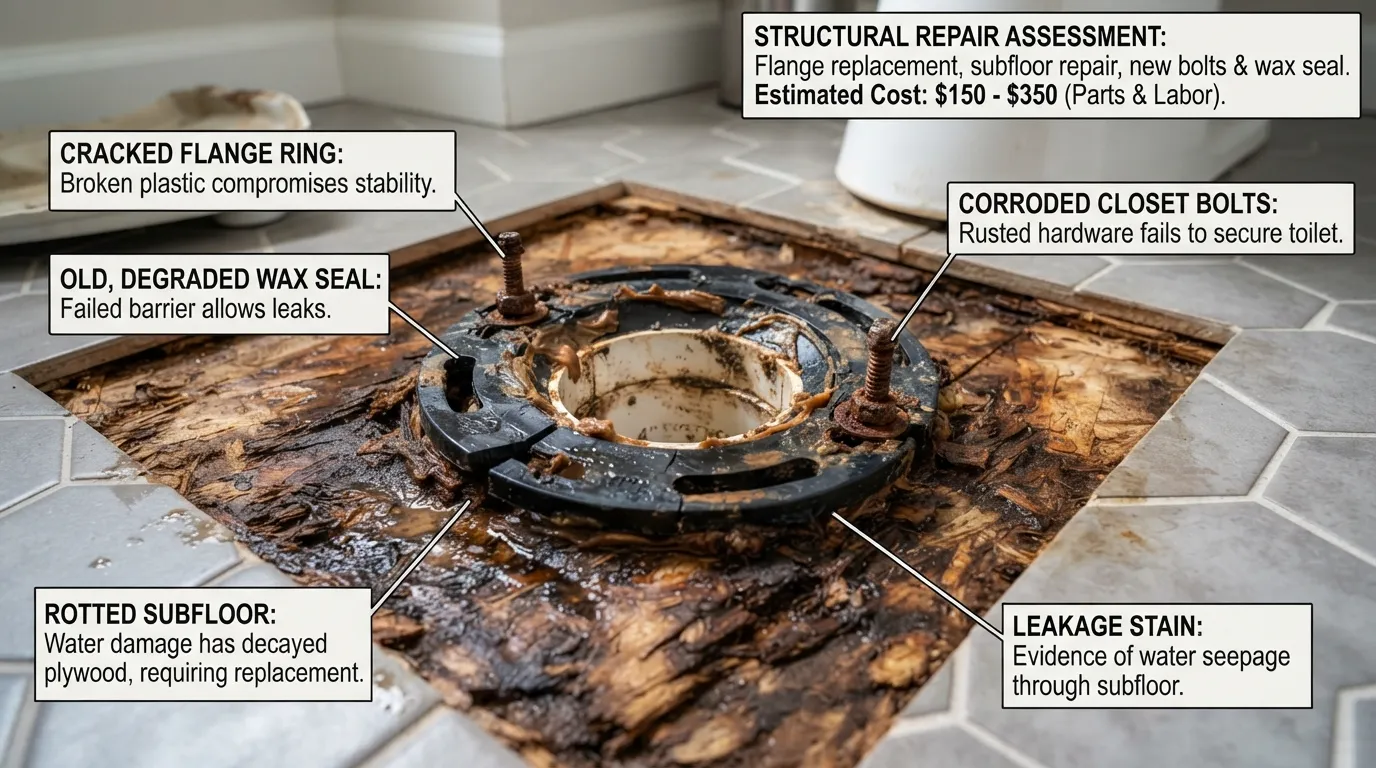 Detailed view of a cracked PVC toilet flange and wax ring seal requiring professional replacement during a bathroom plumbing repair.