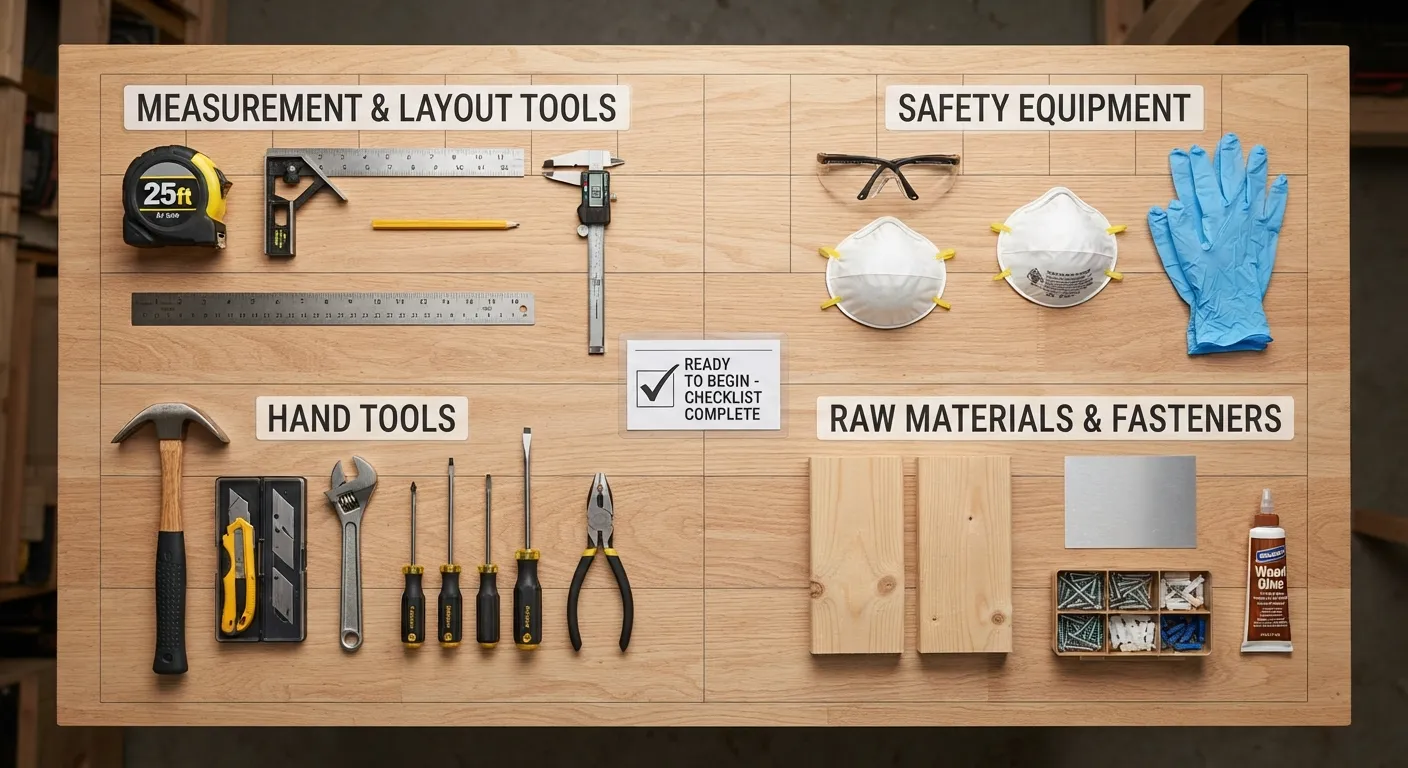 Flat lay arrangement of essential DIY tools and crafting materials laid out neatly on a wooden workbench, representing a complete project checklist.