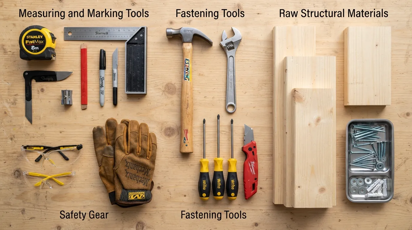 Flat lay photograph of essential DIY tools and raw materials neatly arranged on a workbench, including a hammer, screwdriver set, tape measure, safety glasses, and raw timber pieces.