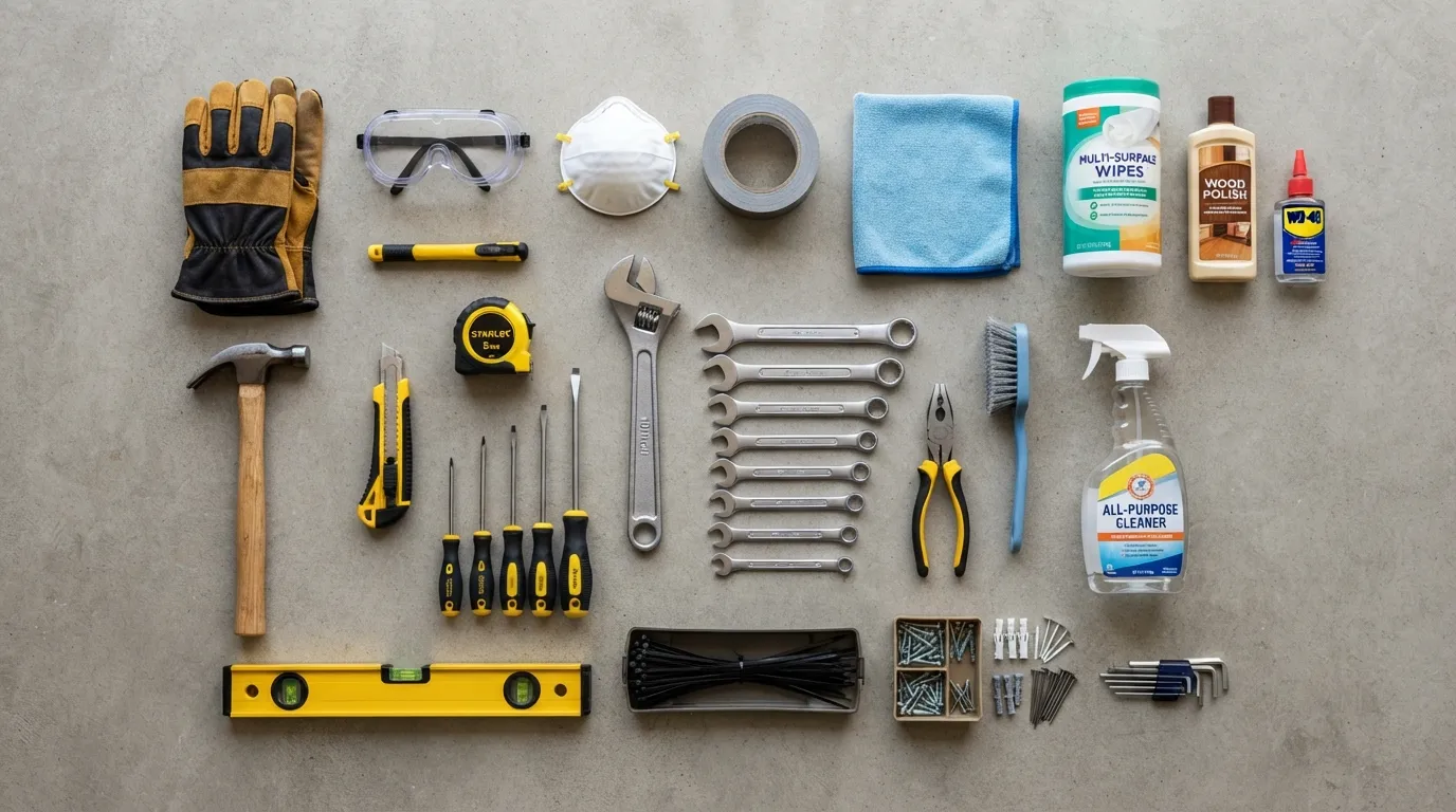 Flat lay photograph of essential plumbing tools and cleaning materials laid out neatly on a surface for home maintenance.