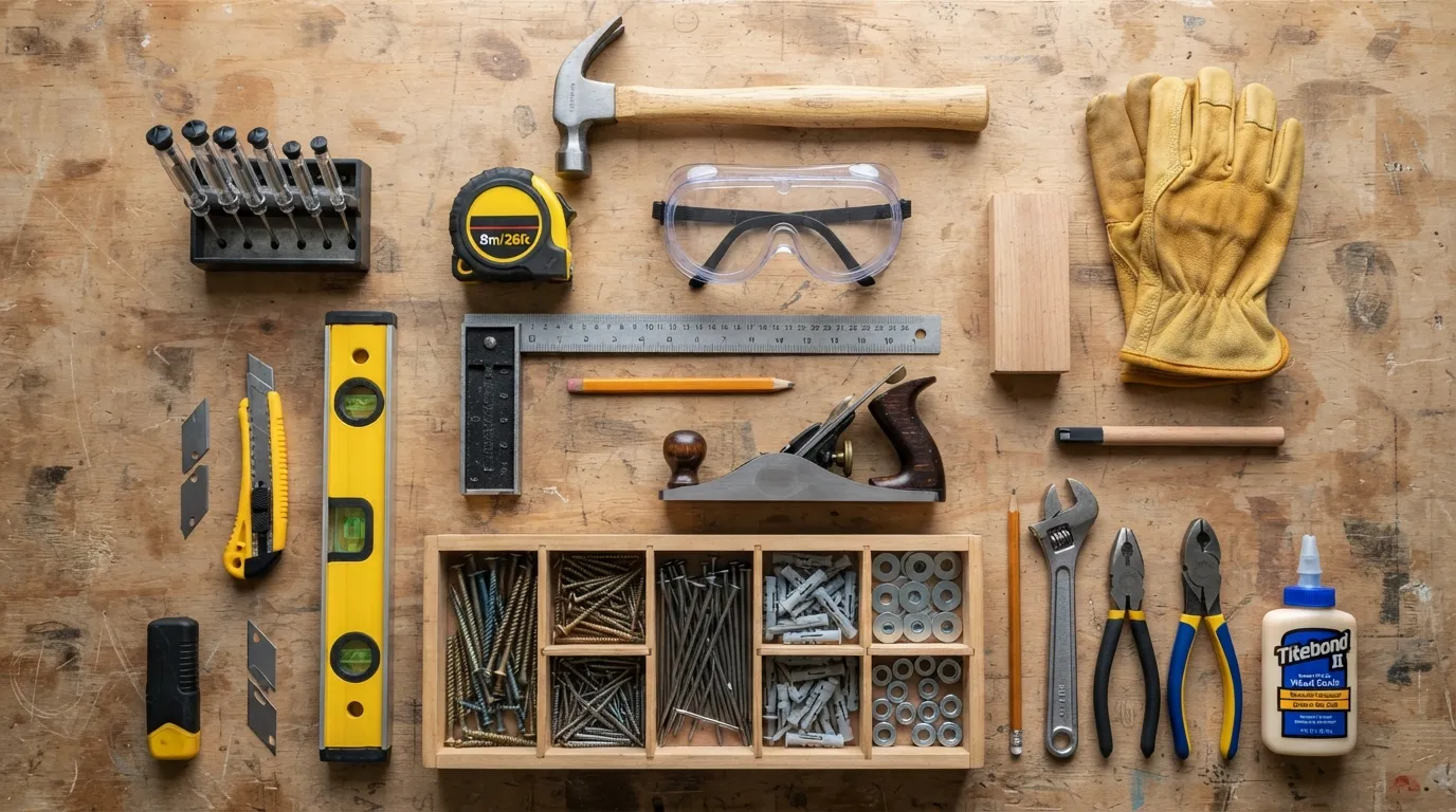 Flat lay of essential DIY tools and materials organized on a wooden workbench, including a hammer, screwdrivers, tape measure, and safety glasses.