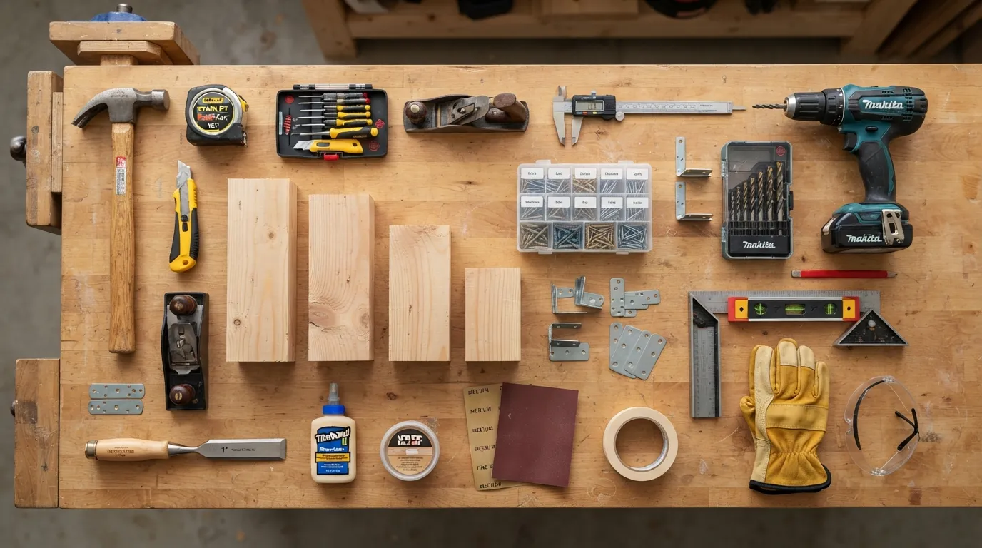 Flat lay photograph of organized DIY and craft tools and materials including a hammer, tape measure, screws, and wooden blocks on a workbench.