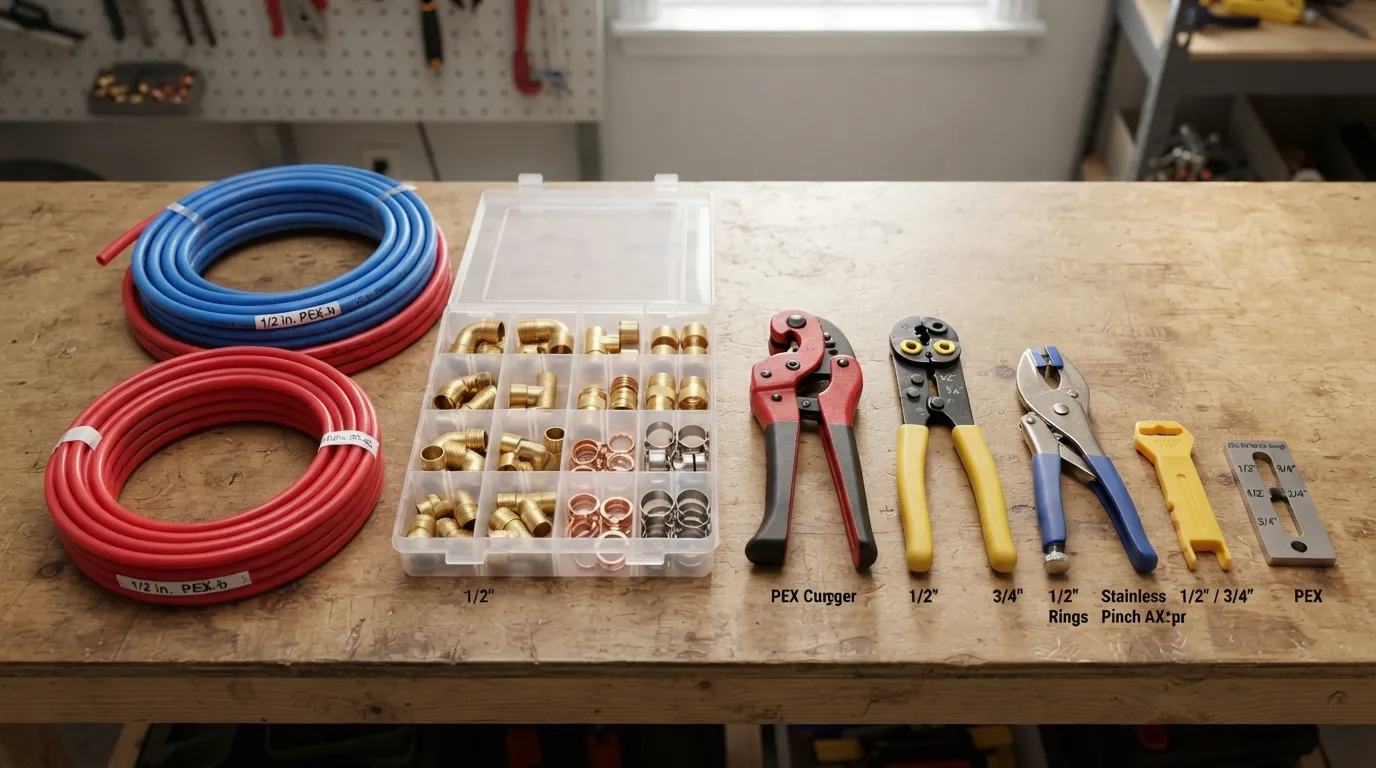 Flat-lay photograph of PEX tubing, brass/poly PEX fittings, a ratchet pipe cutter, a PEX crimping/expansion tool, and a Go/No-Go crimp gauge neatly organized on a wooden workbench.