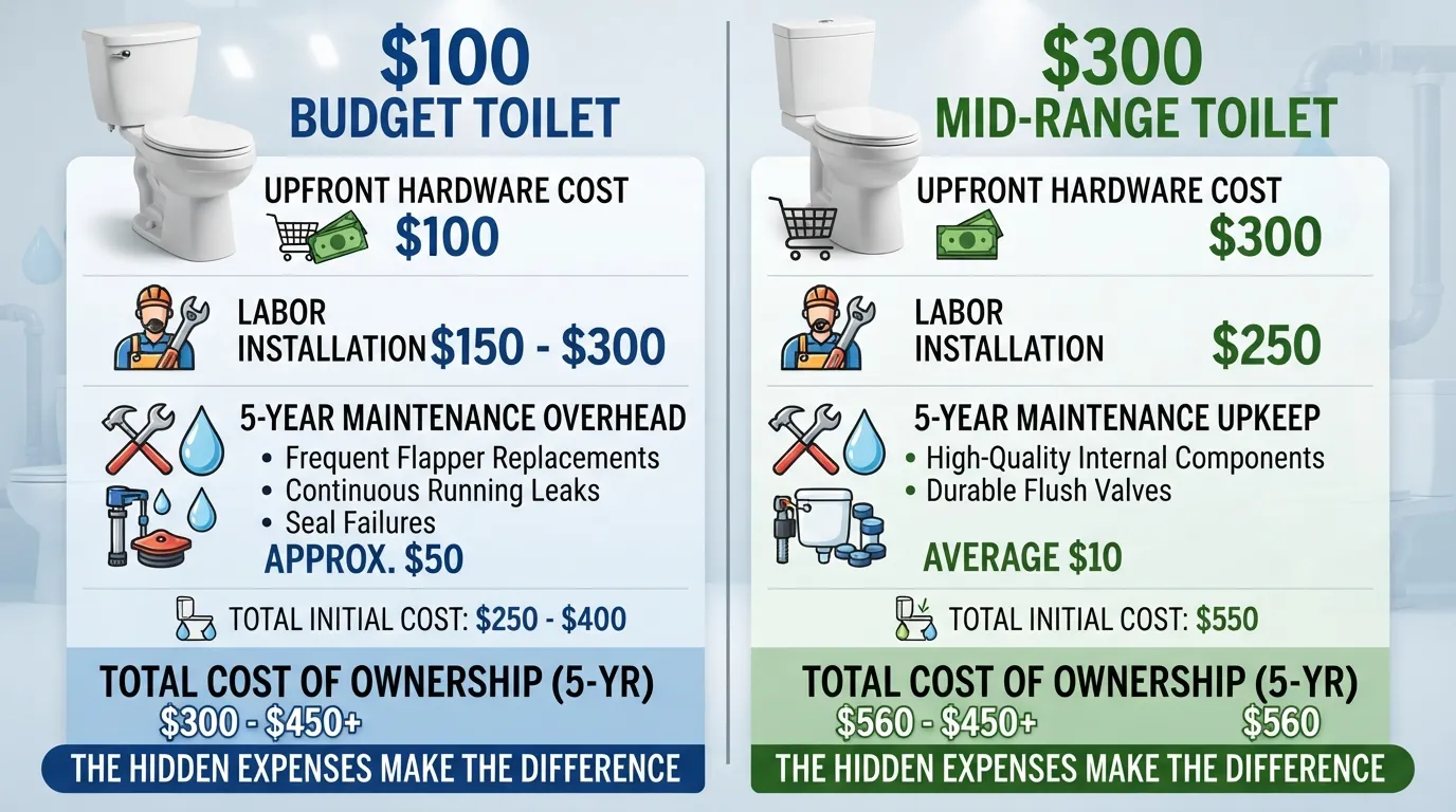 Infographic comparing the total cost of ownership for cheap versus mid-range toilets, including hardware, professional plumber installation, and long-term maintenance expenses.