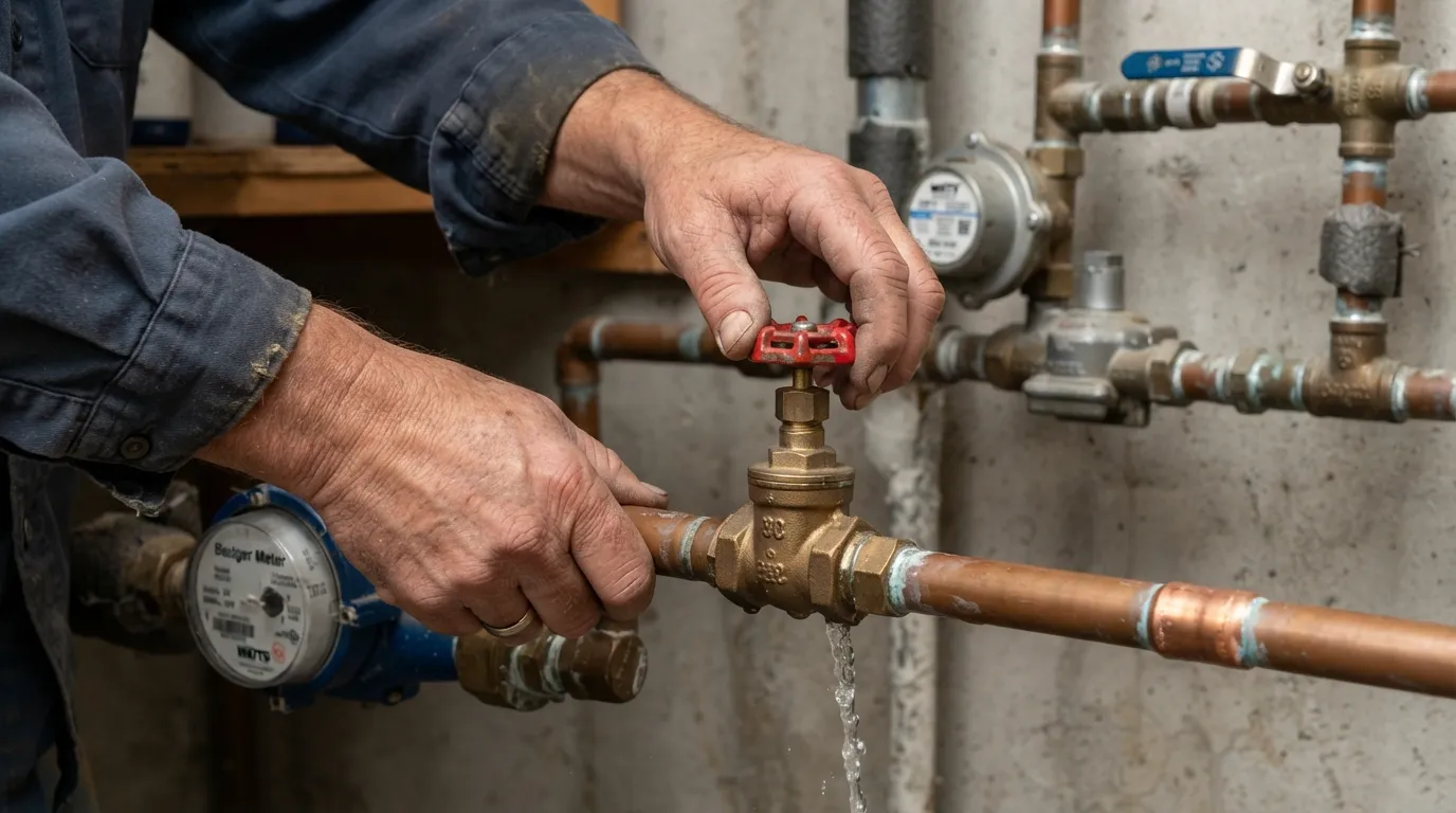 Hands slowly turning a main water shut-off valve open to repressurize household plumbing system safely.