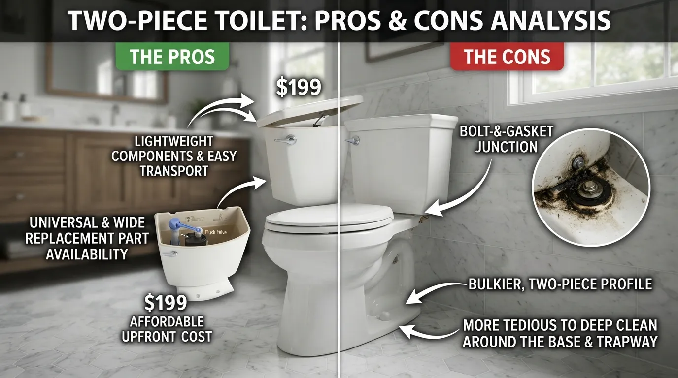 Side-by-side comparison diagram of a two-piece toilet highlighting the pros like lower cost and easy availability alongside cons like harder-to-clean seam areas and potential tank-to-bowl leak points.