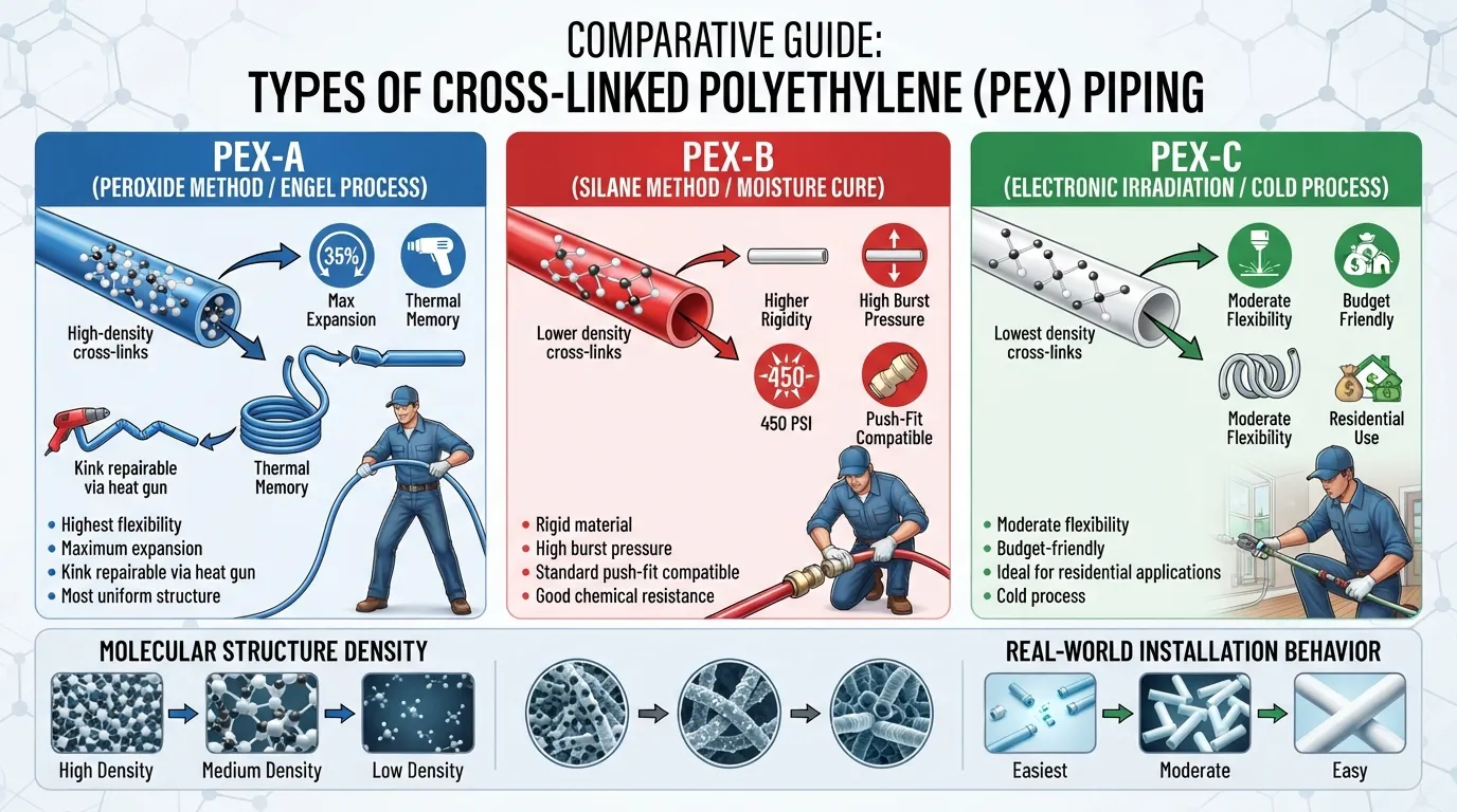 Comparison chart and cross-section view of PEX-A, PEX-B, and PEX-C pipes showing their manufacturing differences and flexibility levels.