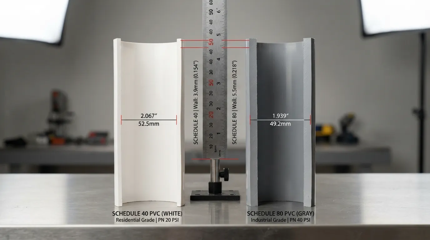 Side-by-side cross-section comparison of Schedule 40 and Schedule 80 PVC pipes highlighting differences in wall thickness and inner diameter.