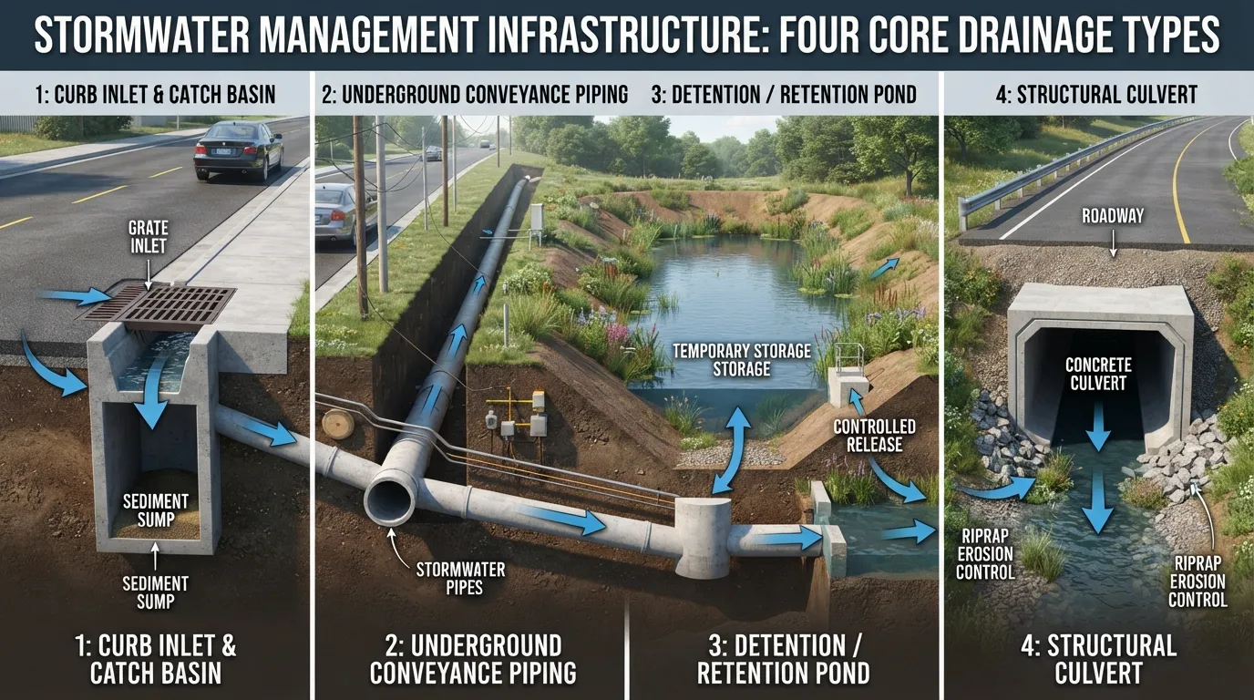 Diagram illustrating different types of storm drainage infrastructure, including catch basins, underground pipes, retention ponds, and culverts.