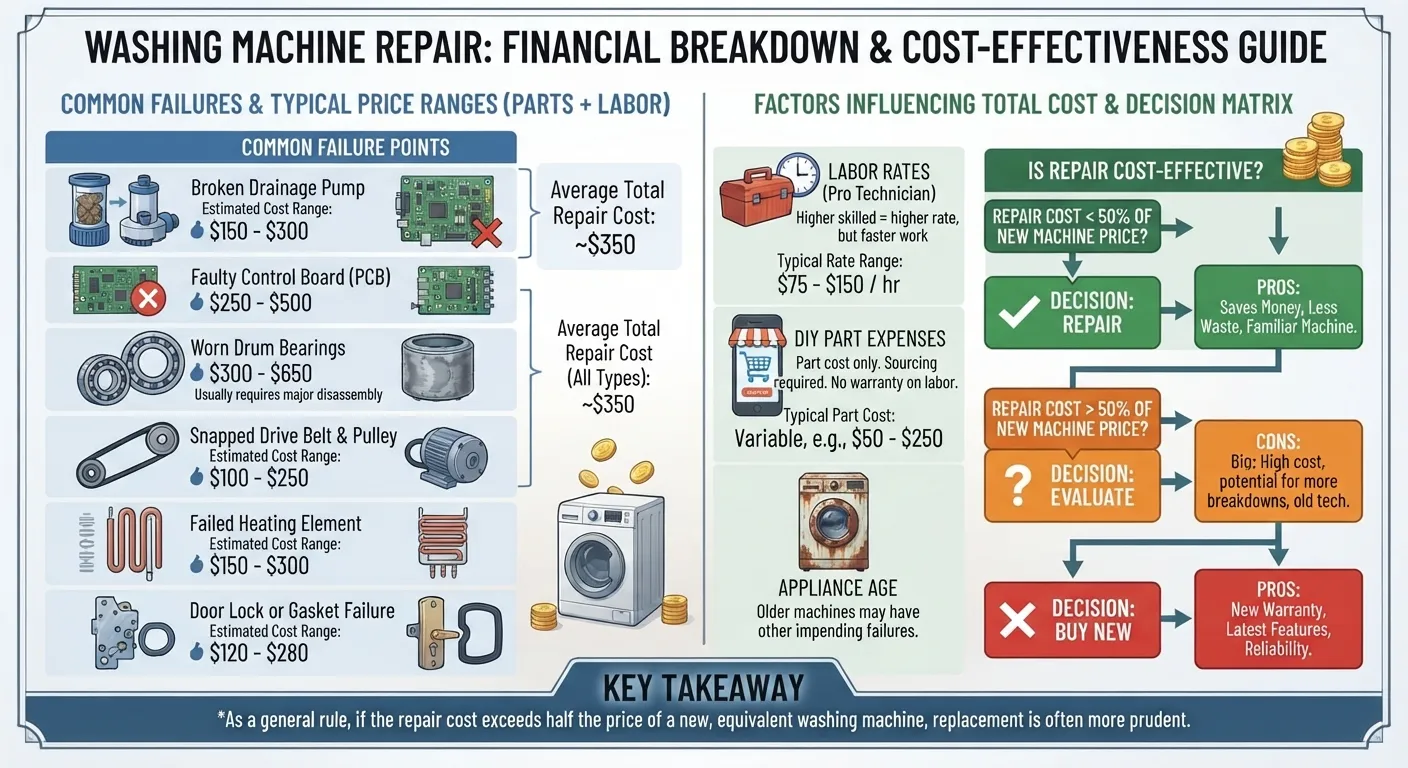 A price comparison chart and professional tools showing the average cost to fix a washing machine, including parts and labor fees.