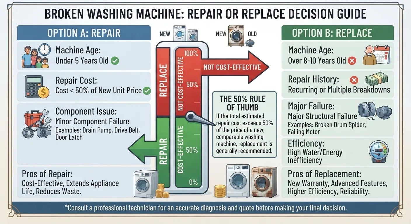 Side-by-side comparison chart showing factors to consider when deciding whether to repair or replace a broken washing machine.