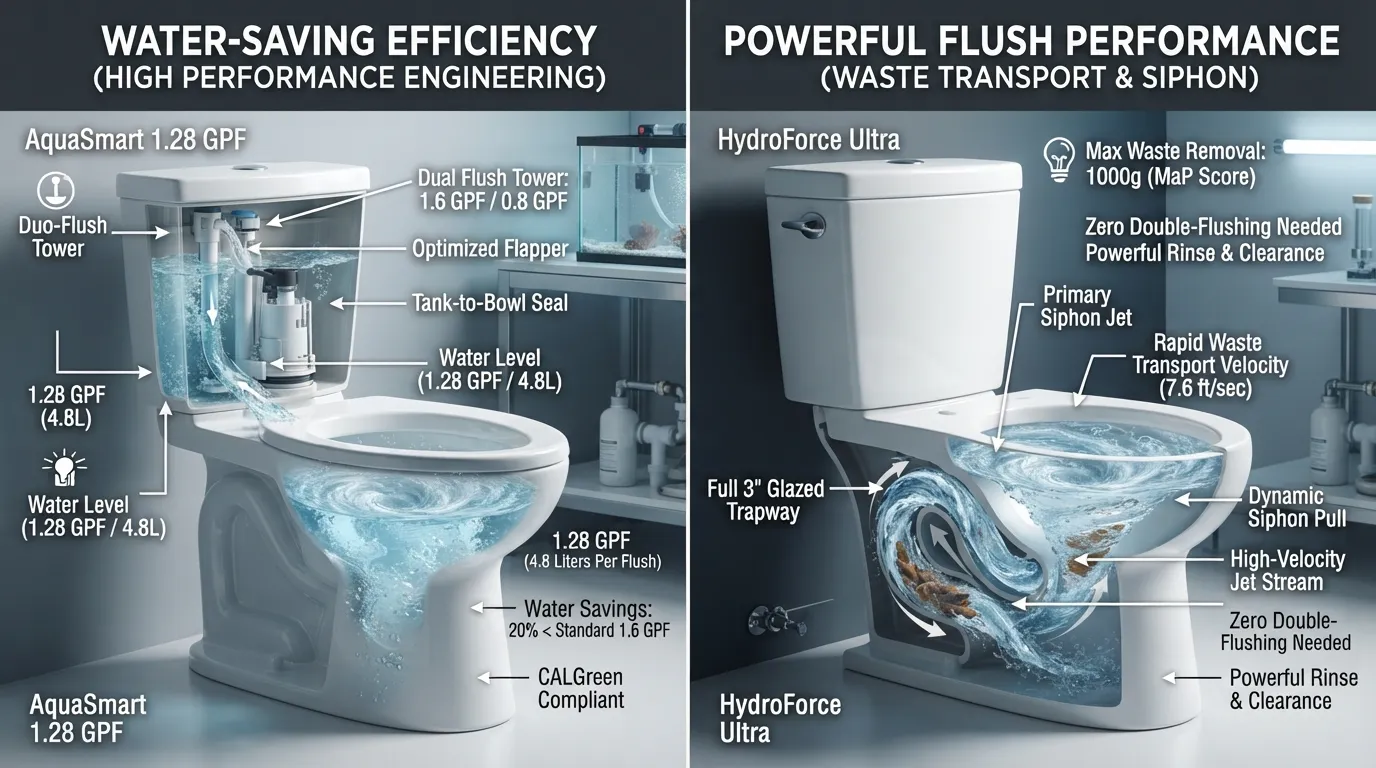 Cross-section diagram comparing water efficiency and flush performance in a modern low-flow toilet versus a high-performance flushing system.