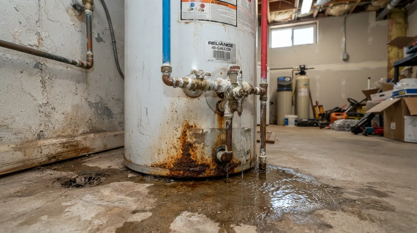 A close-up view of a leaking water heater tank showing rusted connections and water pooling on the floor, indicating a failing system.