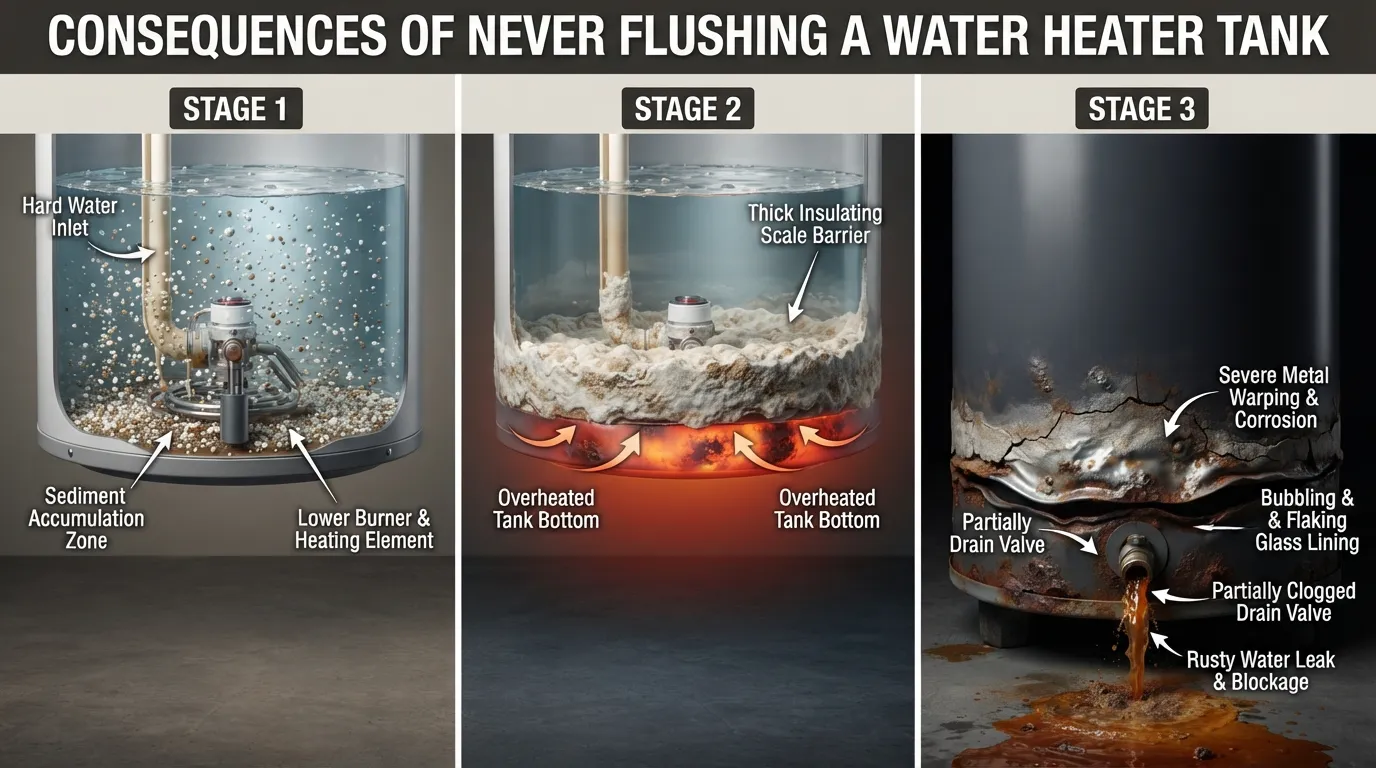 Cutaway diagram of a water heater tank showing a thick layer of heavy sediment and mineral scale accumulated at the bottom over years of no flushing.