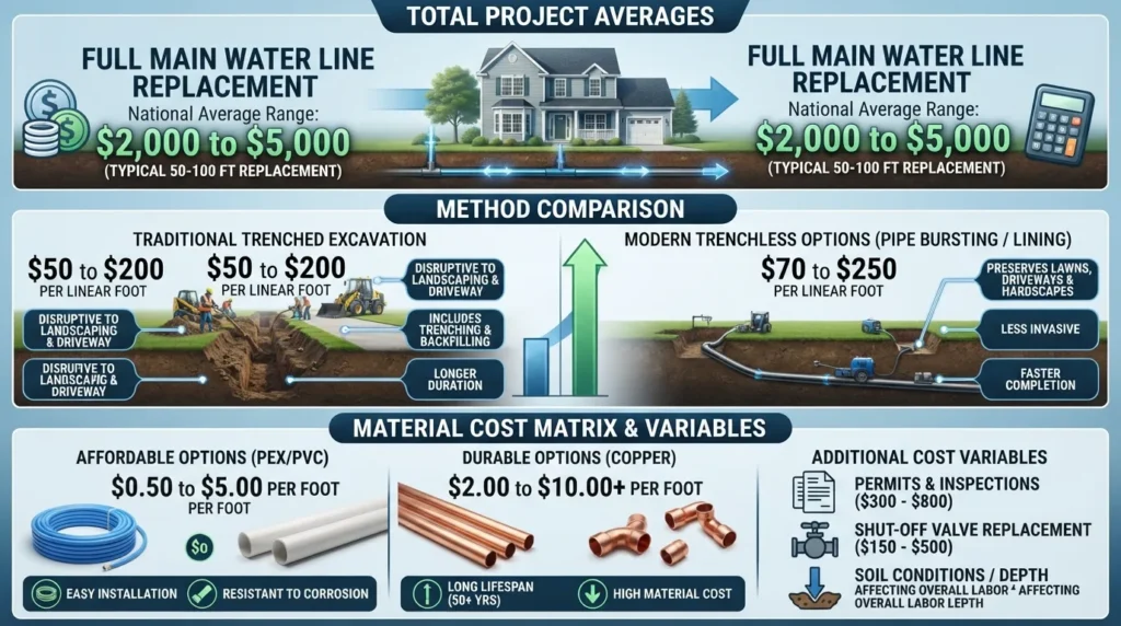 Infographic breaking down 2026 main water line replacement costs, comparing trenched vs. trenchless methods, pipe materials like PEX and copper, and total price ranges from $2,000 to $5,000.