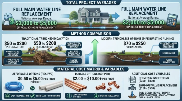 Infographic breaking down 2026 main water line replacement costs, comparing trenched vs. trenchless methods, pipe materials like PEX and copper, and total price ranges from $2,000 to $5,000.