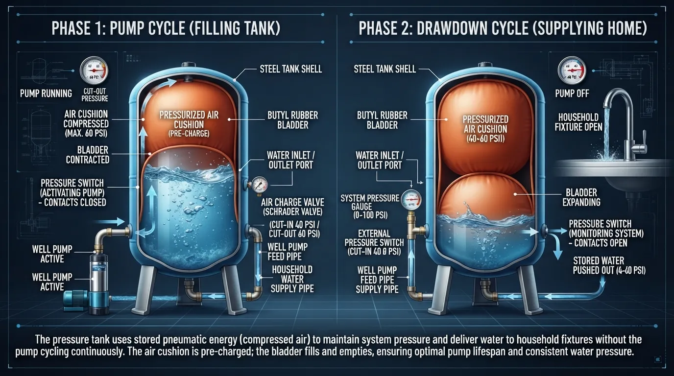 Cross-section diagram illustrating how a water pressure tank works, showing the internal water chamber, compressed air bladder, and pressure switch.