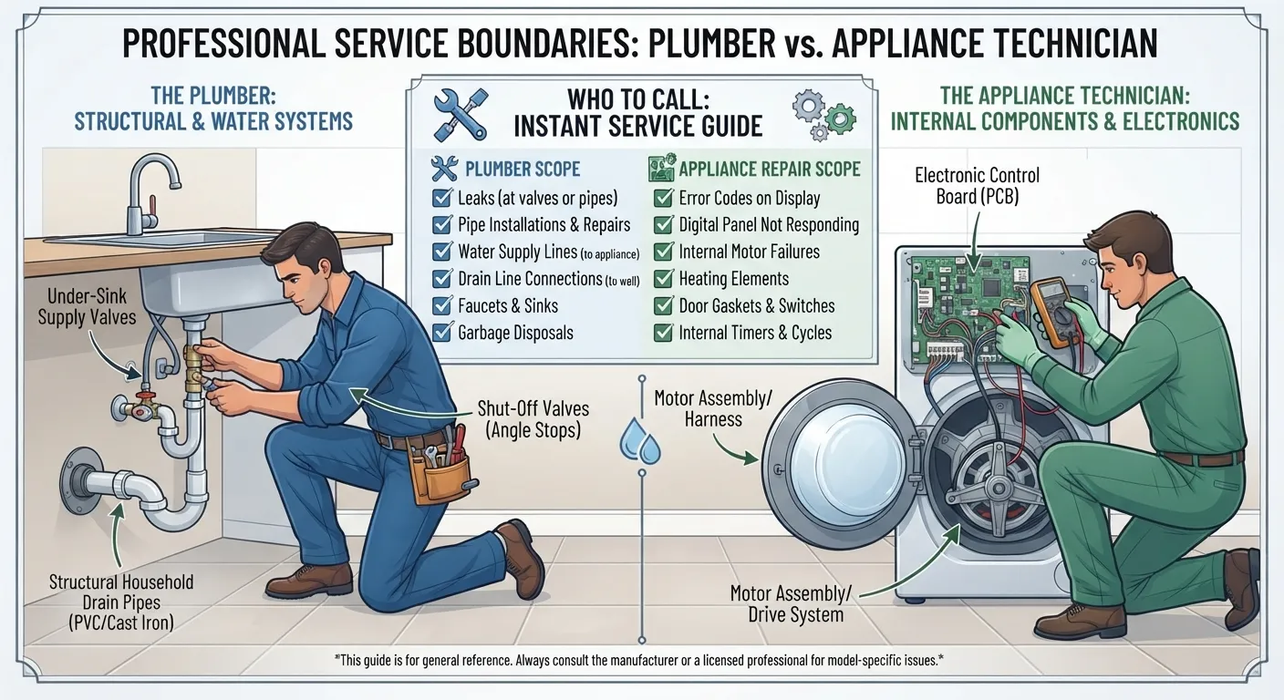Comparison infographic showing a plumber working on a pipe alongside an appliance technician repairing a washing machine, highlighting the division of labor between plumbing and appliance repair.