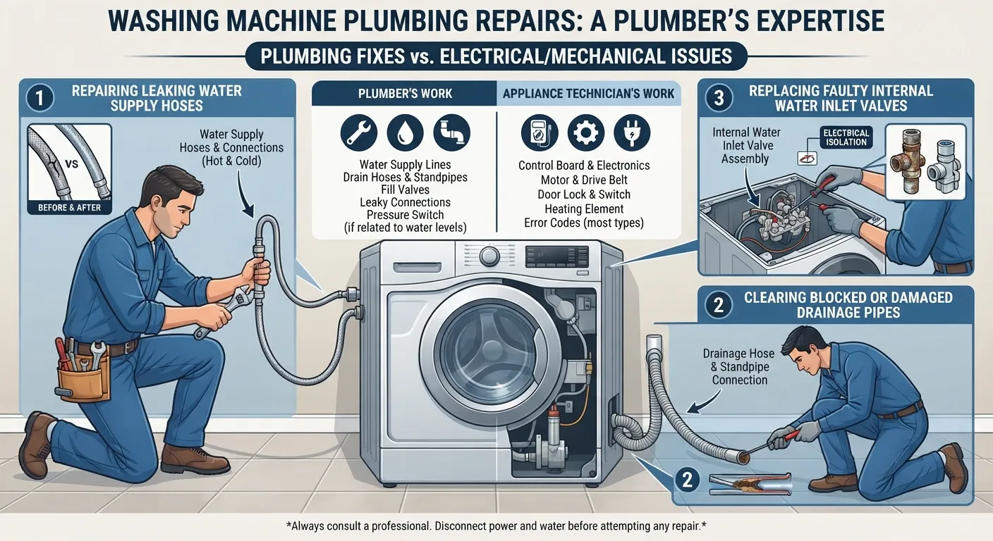 A plumber inspecting and repairing washing machine water inlet hoses, drainage pipes, and internal water connection valves.
