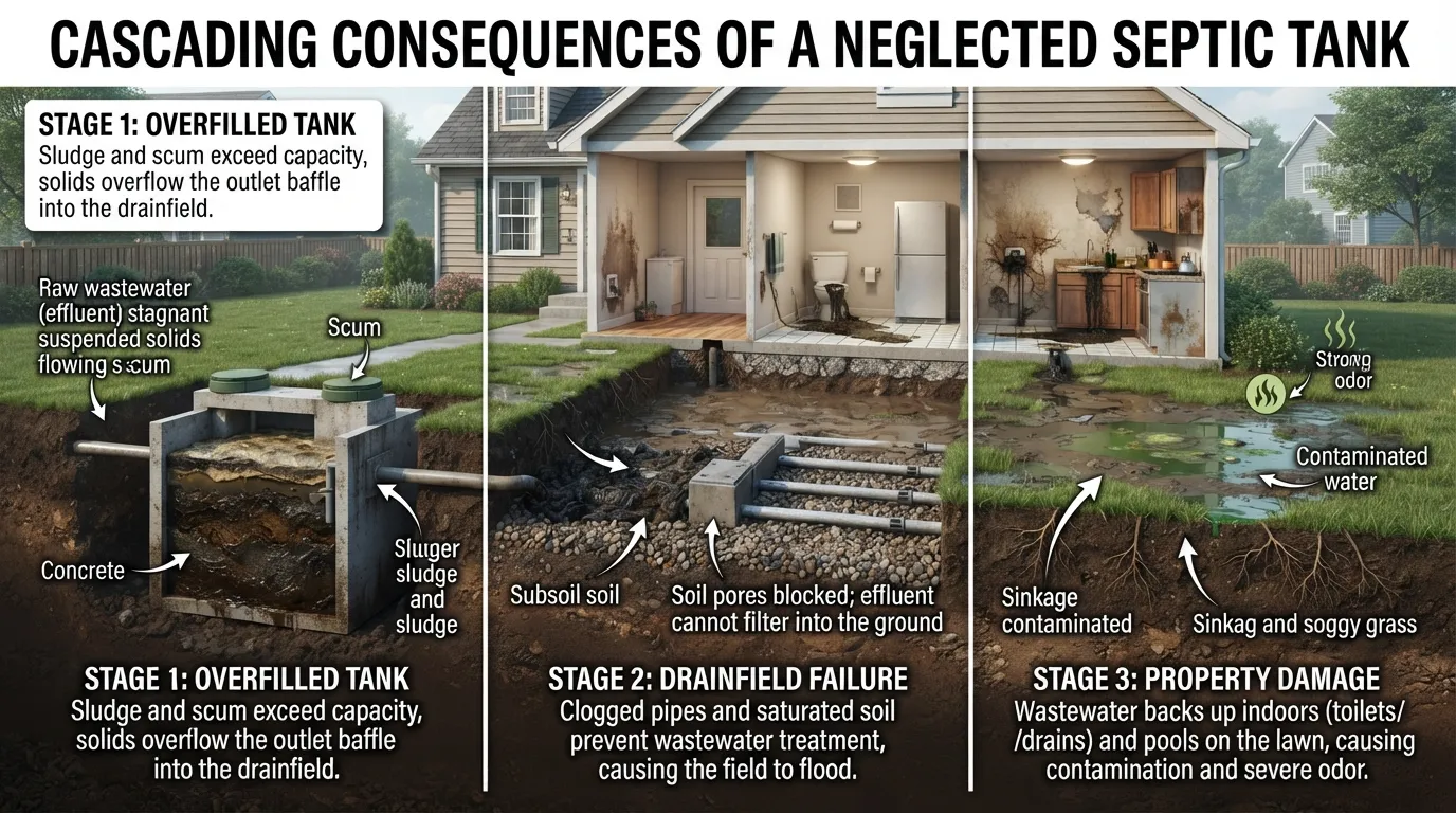 Cross-section diagram illustrating a neglected septic tank overflowing into the drainfield, showing clogged pipes and sewage backup near a residential home.