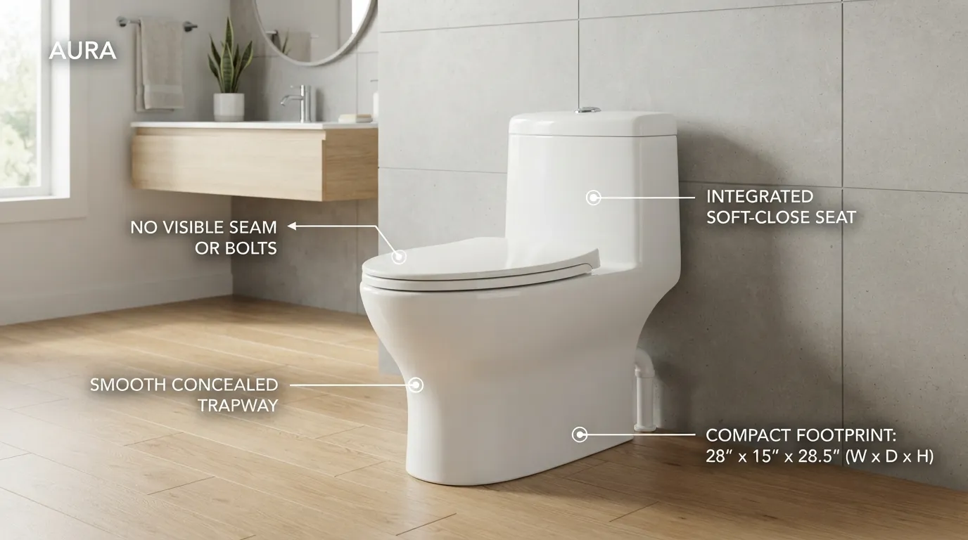 Side-by-side comparison diagram showing a seamless one-piece toilet where the tank and bowl are fused into a single unit.