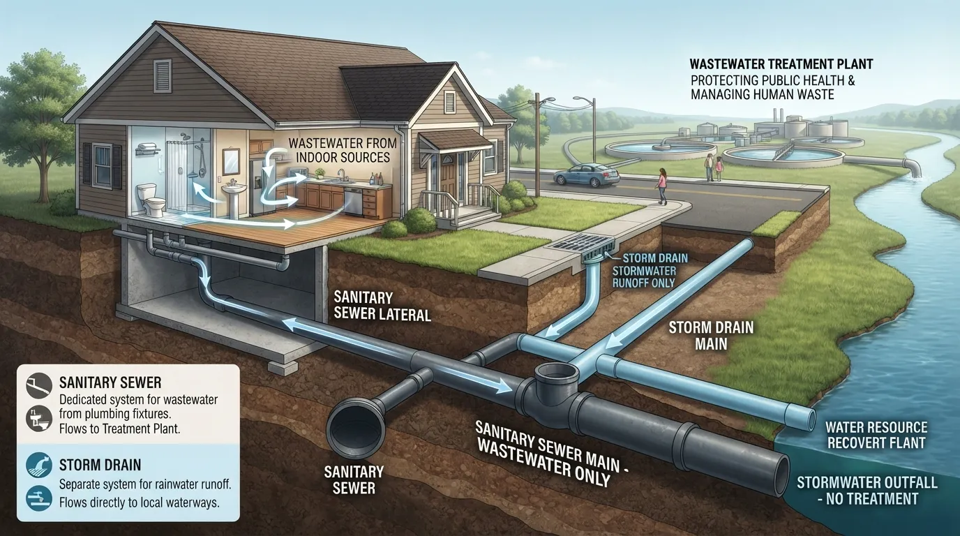 Cross-section diagram showing wastewater from household plumbing fixtures flowing through a dedicated underground sanitary sewer pipe to a treatment facility.
