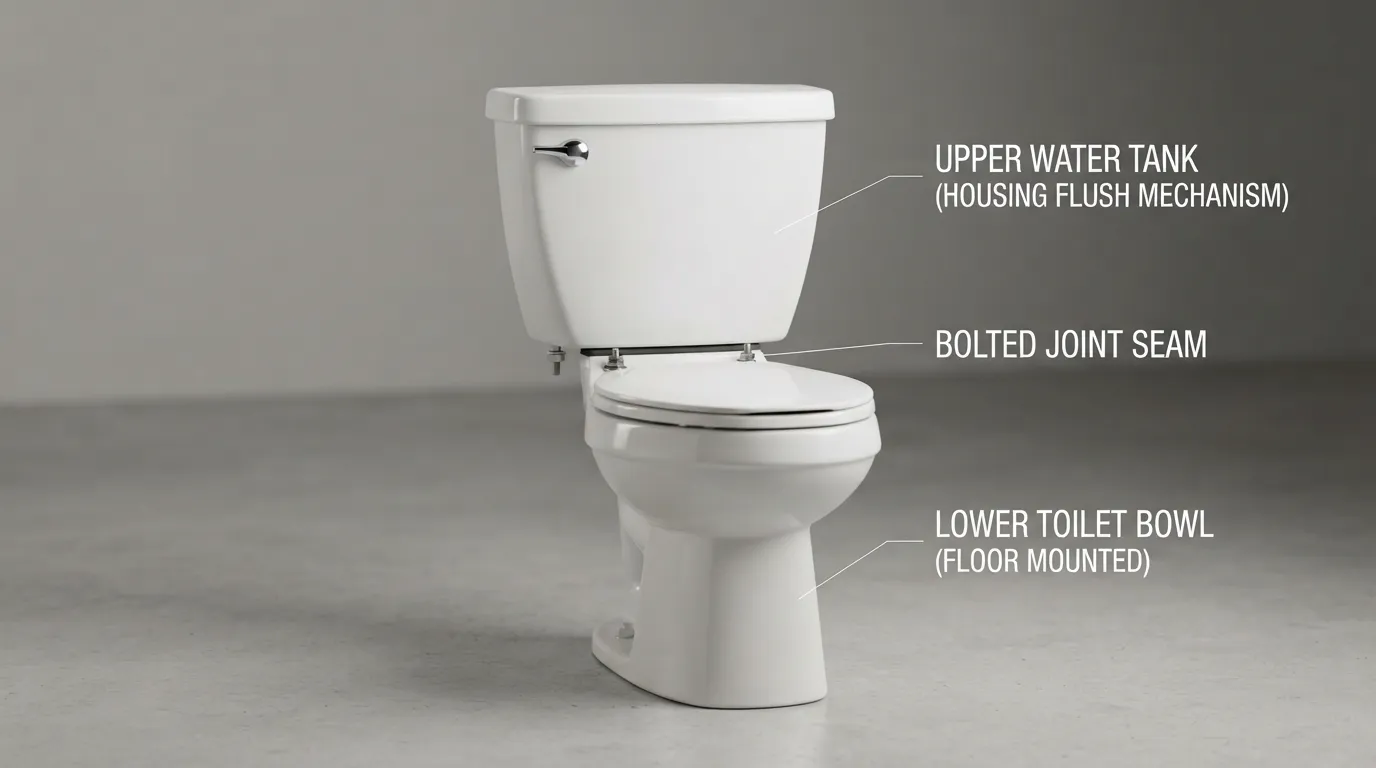 Labeled breakdown of a standard two-piece toilet showing the separate tank bolted onto the bowl.