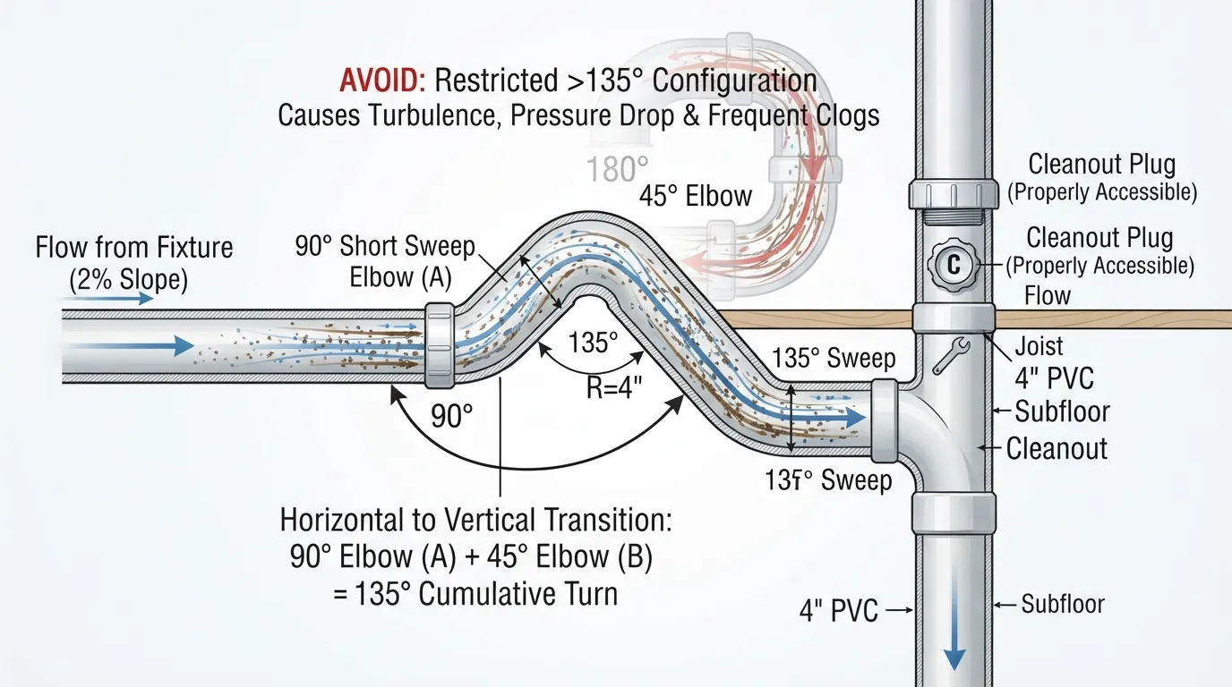 Diagram of a plumbing drain pipe showing a 90-degree elbow joint combined with a 45-degree bend, illustrating the maximum 135-degree total direction change allowed between cleanouts. 